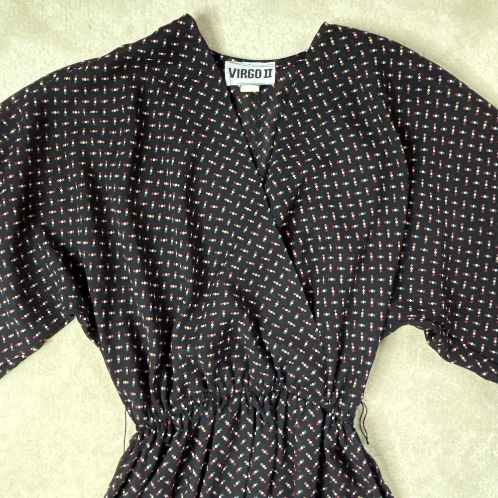 Vintage Virgo II Floral Retro Midi Dress Black Polka Dot Women's 8 Union Made - Picture 2 of 10